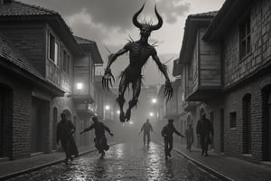 long shot, full body shot, a realistic, detailed, photograph, b&w black and white sepia photo, showing a group of large giant demonic, horrific, scary demons, entities about 12 feet tall, long hands, long fingers, with sharp claws. they are floating over an abandoned cobblestone street in an abandoned middle ages town. they are chasing townsfolk, and the townsfolk are running from the demons, terrified, scared, horrified, their faces twisted in anguish and fear, all of the demonic entities are evil, scary and meanacing. the houses in town are shuttered, lanterns with lit candles, dark storm, night time, clouds in the sky, rain falling, windy, very dark night time sky, 