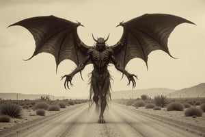 long shot, full body shot, a realistic, detailed, photograph, b&w black and white sepia photo, showing a large giant demon, horrific, scary demon, entity about 20 feet tall, demon wings, long hands, long fingers, with sharp claws, demon wings. the demon's arms and wings are outstretched, walking down a desert road. only desert as far as the eye can see. the atmosphere is eerie, horrific, fearful, scary, the demon is on fire, 