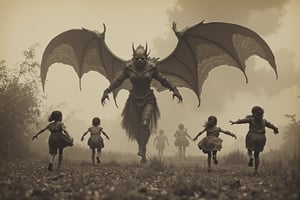 long shot, full body shot, a realistic, detailed, photograph, b&w black and white sepia photo, showing a large giant female fire demon, horrific, scary demon, entity about 20 feet tall, demon wings, long hands, long fingers, with sharp claws. the demon's arms are outstretched, she is running after a group of small peasant children about 3 feet tall, they are terrified, scared, horrified. the demon is evil, scary and meanacing. the demon wants to catch and torment the children. the atmosphere is eerie, horrific, fearful, scary,