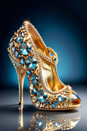 digital art, 8k, picture of a high heel woman's shoe, the shoe is made out of precious diamands and gold, extravagant, whimsical, side view of shoe beautiful, highly detailed, whimsical, fantasy, ,more detail XL