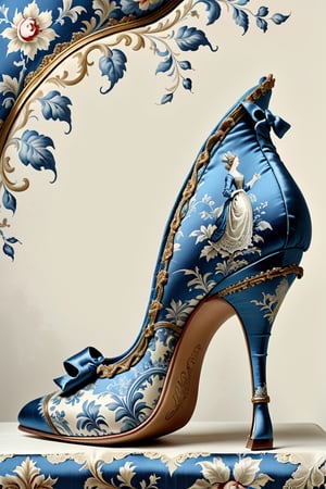 digital art, 8k, picture of a high heel woman's shoe, the shoe has the Toile de Jouy pattern on it, circa france 1770's, shoe made of silk fabric, side view of shoe beautiful, highly detailed, whimsical, fantasy, ,more detail XL