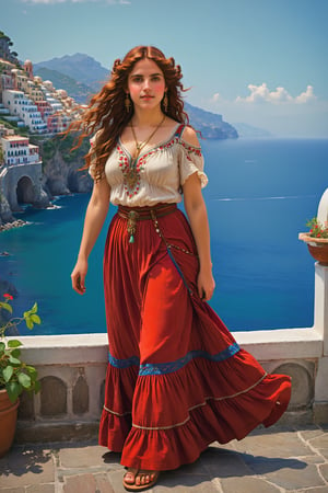 extreme long shot full body shot, by john william waterhouse, pre-raphaelite, a beautiful pre-raphaelite victorian, tall young woman stands smiling looking at the amalfi coast italy. she has long curly big vivid red loose hair. she wears an elaborate victorian outfit, long earrings, elaborate necklace, long skirt, embroidered peasant shirt and strappy flat sandals. detailed background of amalfi coast. john william waterhouse, pre-raphaelite, perfect female anatomy.