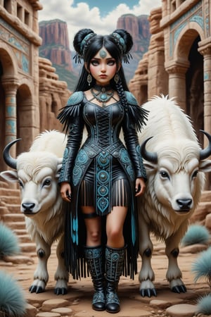 full body shot, long shot, a beautiful stunning native american indian woman, standing next to some ancient indian ruins, cliff dwellings. she stands next to a small baby white buffalo. her beautiful outfit is a fusion of elaborate native american rococo, high fashion gothic outfit in luxurious fabrics, feathers, fur trim, rich colors. black. leather moccasins. she has large, round eyes. jet black hair in elaborate braids and buns with fringe and bangs. perfect female anatomy, goth person, pastel goth, dal, Gaelic Pattern Style,