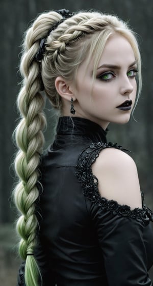 Highy detailed image, cinematic shot, (bright and intense:1.2), wide shot, perfect centralization, side view, dynamic pose, crisp, defined, HQ, detailed, HD, dynamic light & pose, motion, moody, intricate, 1girl, blond curly hair in elaborate braids pony tails, (((goth))) light green eyes, black roses in hair, attractive, clear facial expression, perfect hands, emotional, hyperrealistic inspired by necronomicon art, fantasy horror art, photorealistic dark concept art
,goth person