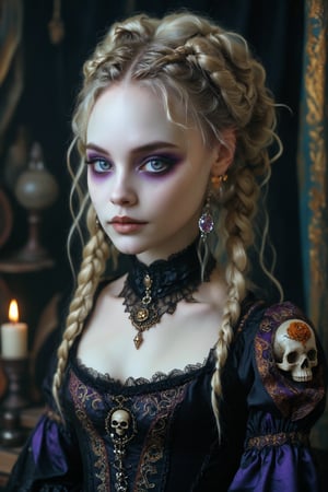 medium long shot of 1girl, a beautiful rococo gothic witch. lshe has soft wavy blonde hair elaborate braids and buns, big round beautiful eyes. dark gothic make-up. smooth perfect skin, beautiful full lips. she has a warm, welcoming smile. she is resplendent in a beautiful gothic witch dress adorned with intricate embroidery rich colors of purples golds and white. luxurious fabrics like silk and velvet. the detailed background is of her rococo witches lair of ancient leather books, spellbooks, potions, candles, crystal ball, skull. she is powerful and benevolent, a healer of the highest order.,real_booster