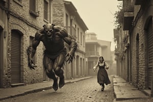 long shot, full body shot, a realistic, detailed, photograph, b&w black and white sepia photo, showing a large giant demonic, horrific, scary demon, entity about 12 feet tall, long hands, long fingers, with sharp claws. it is running down ann abandoned cobblestone street in an abandoned middle ages town. it is chasing a terrified woman in a medieval peasant dress. she is running from the demon, terrified, scared, horrified, her face twisted in anguish and fear, the demon is evil, scary and meanacing. the houses in town are shuttered, 