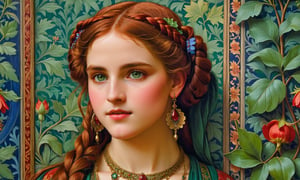 close up portrait, john william waterhouse, pre-raphaelite, a beautiful gothic woman stands in front of a wall covered in intricate william morris wallpaper. she wears elaborate dangle earrings and necklace. she has long big vivid red hair in braids and buns and green eyes. she has a sweet innocent smile. she wears an elaborate pre-raphaelite gown. john william waterhouse, pre-raphaelite, perfect female anatomy.