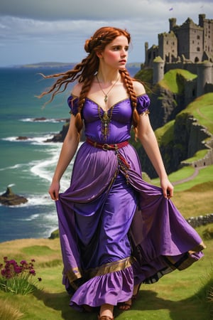 extreme long shot full body shot, by john william waterhouse, pre-raphaelite, a beautiful pre-raphaelite victorian, tall young woman walks in northern ireland. she has long curly red hair in braids and buns. she wears an elaborate victorian outfit in purple, black and white colors, long earrings, elaborate necklace, long skirt, detailed background Dunluce Castle and coast. john william waterhouse, pre-raphaelite, perfect female anatomy.