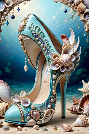 digital art, 8k, picture of a high heel woman's shoe, the shoe is embedded with fancy intricate seashells, whimsical, side view of shoe beautiful, highly detailed, whimsical, fantasy, ,more detail XL