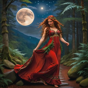 full body portrait, side view, extreme long shot inspired by the magic circle john william waterhouse, pre-raphaelite, a beautiful tall pre-raphaelite woman is smiling closed mouth with long curly vivid red hair and an elaborate pre-raphaelite gown embroidered with magical symbols is walking in a lush beautiful forest on a path at night full moon. her hands have twelve fingers. the detailed background forest has moss covered trees, ferns, rocks, trees. there is a full moon in the sky. john william waterhouse, pre-raphaelite