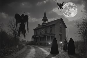 full body shot, a realistic b&w black and white photo from the depression era, united states, 1929 to 1939, showing an old abandoned church building, a group of large demonic, horrific, scary, beings, entities about 9 feet tall, long hands, long fingers, with sharp claws, one standing on the road next to the house the other sitting on the roof of the church, one flying in the sky on fire, the entities are evil, scary and meanacing. a group of young woman wearing old black hooded magician cloaks, are holding hands standing in a magic circle surrounded by black lit candles. the demons are waitching the women worshipping them. occult artifacts. lit black candles, dark storm, night time, clouds in the sky, dark sky, full moon partially obscured by dark clouds, lightening strikes, 