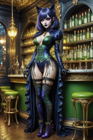 full body shot, side view a beautiful stunning cat woman with pierced cat ears, standing to the right side of a bar  in a french absinthe bar at night. bottles and glasses of green absinthe are on the table next to her. her beautiful outfit is a fusion of elaborate rococo, high fashion gothic outfit with brocade patterns, luxurious fabrics, rich colors of purple, gold, black. knee high boots. she has large, round cat eyes. straight long vivid dark blue hair with fringe and bangs. perfect female anatomy, goth person, pastel goth, dal, Gaelic Pattern Style,