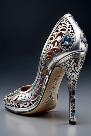 digital art, 8k, picture of a high heel woman's shoe, the heel is a replica if a miniature guillotene, shoe made of silver, rest of shoe is engraved in an intricate pattern, side view of shoe beautiful, highly detailed, whimsical, fantasy, ,more detail XL