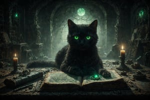 A sinister black cat with glowing green eyes, sitting atop an ancient grimoire in a dimly lit room, embodying mystery and secrets waiting to be unveiled.
