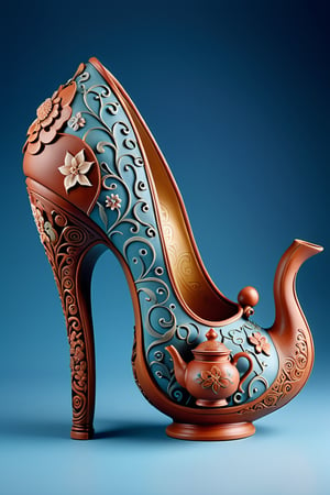digital art, 8k,  picture of one high heel woman's shoe, made of  Yixing clay, with a yixing teapot style intricate pattern, whimsical, side view of shoe beautiful, highly detailed, whimsical, fantasy,,more detail XL