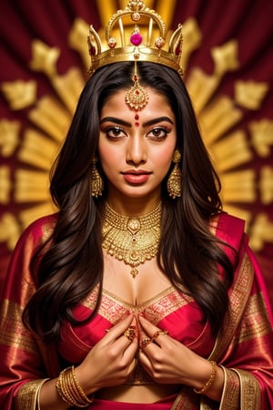full body shot, Lakshmi is a Hindu goddess of prosperity and wealth, elaborate and intricate indian female costume in colors of red and gold, she is wearing elaborate gold necklaces earrings rings on her fingers and bangles on her arms, gold nose ring, serene beautiful face, Lakshmi is surrounded by lotus flowers, she is glowing, illuminated, a holy goddess, with an elaborate gold crown, detailed background of the heavens, clouds stars, ,Detailedface,1girl,Masterpiece,Saree, full body,realhands