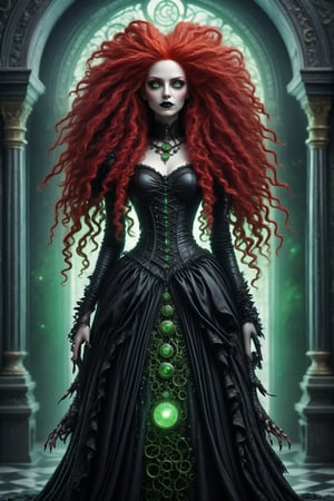full body long shot, cinematic, dynamic, realistic portrait of a dark ancient witch priestess. a fusion of elaborate rococo, futuristic gothic witchy punk. she has long curly vivid red hair and green eyes. a detailed background of a dark ceremonial temple with occult and celestial imagry, perfect female anatomy, goth person, pastel goth, dal, Gaelic Pattern Style, full body long shot, cinematic, dynamic, dark, fantasy