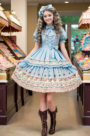 full body shot, beautiful happy young 17-year old girl model with gray long hair with abundant ringlet curls, and ringlets framing her face, she has light blue eyes, perfect pale skin and cute smile on her face. the girl is wearing a high fashion elaborate country style Lolita Dress in a floral pattern in natural color shades, high heel mary jane shoes, intricate country fabric pattern and design, cute intricate stockings, frilly, elaborate embroidery, lace, bows, buttons, high heeled boots. the girl has perfect manicured hands. the girl walking in an elaborate detailed elaborate candy store filled by many different types of candies and confections like lolipops, cotton candy, chocolates, full body shot 