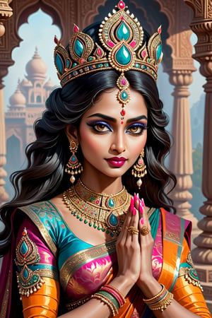 digital art, The hindu queen, 8k, beautiful, highly detailed, whimsical, fantasy, perfect hands, manicured nails, 