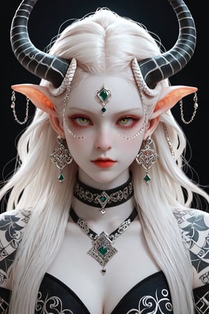 1 girl, full-body_portrait, (masterful), albino demon girl with red long hair in one high ponytale, decorated bra, detailed intricate symmetrical tattoos of magical symbols, patterns on her shoulders arms and upper chest, (long intricate horns), elaborate jewelry, best quality, highest quality, extremely detailed CG unity 32k wallpaper, detailed and intricate, looking_at_viewer, goth person, white backdrop