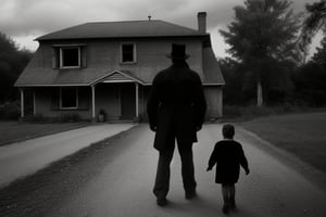 full body shot, a realistic black and white photo from the early 1900's showing an old run down house, a large demonic being, entity about 8 feet tall, long hands, long fingers, with sharp claws, standing on the road next to the house looking scary and meanacing. three young children, in dirty messy clothes, backs to viewer, are standing in front of the demon, waiting for instructions. cloudy day, dark sky, 