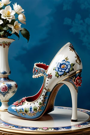 digital art, 8k,  picture of one high heel woman's shoe, the shoe is decorated like Johnson Bros England Old Britain Castles China, made of china, ceramic, whimsical, side view of shoe beautiful, highly detailed, whimsical, fantasy,,more detail XL