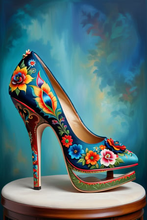 digital art, 8k, picture of a high heel woman's shoe, the shoe is inspired by the art of freda kahlo, shoe made of canvas, whimsical, side view of shoe beautiful, highly detailed, whimsical, fantasy, ,more detail XL