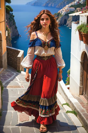 extreme long shot full body shot, by john william waterhouse, pre-raphaelite, a beautiful pre-raphaelite victorian, tall young woman stands smiling walking down a street on the amalfi coast italy. she has long curly big vivid red loose hair. she wears an elaborate victorian outfit, long earrings, elaborate necklace, long skirt, embroidered peasant shirt and strappy flat sandals. detailed background of amalfi coast. john william waterhouse, pre-raphaelite, perfect female anatomy.