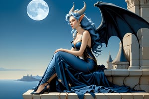 extreme long shot, side view, michael parkes style, a stunning beautiful young queen of gargoyles with gargoyle wings, horns, thick voluminous long blue hair hands to her sides is sitting on the ledge of a very tall castle on a cliff above the ocean below on a rocky deserted coastline in the distance. she is wearing an elaborate long blue gown. she is sitting next to a detailed realistic gargoyle. its night time with a full moon. dark blue black sky & stars are in the sky.  michael parkes, zoom out.,1girl,Masterpiece,SD 1.5,realistic,fashion_girl,more detail XL,extremely detailed