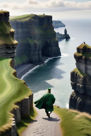very detailed realistic scene of saint patrick running away on the cliffs of moher in the 5th century ireland photo taken from a distance hyperrealism
