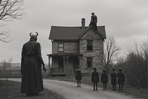 full body shot, a realistic b&w black and white photo from the early 1900's showing an old run down house, two large demonic being, entities about 9 feet tall, long hands, long fingers, with sharp claws, one standing on the road next to the house the other sitting on the roof of the house, both entities are evil, scary and meanacing. a group of young children, about 3-4 feet tall, in dirty messy clothes, backs to viewer, are standing in front of the demon, waiting for instructions. cloudy day, dark sky, 