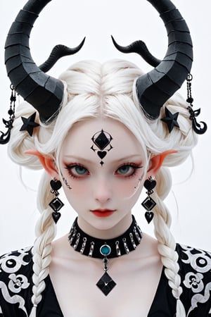 1 girl, portrait, (masterful), albino demon girl with vivid multi-colored hair with elaborate braids and buns, wearing a decorated bra, detailed intricate symmetrical tattoos of magical symbols, patterns on her shoulders arms and upper chest, (long intricate horns), elaborate jewelry, best quality, highest quality, extremely detailed CG unity 32k wallpaper, detailed and intricate, looking_at_viewer, goth person, white backdrop