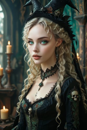 1girl,Envision a beautiful rococo gothic witch. curly long light blonde hair, light green eyes. dark gothic make-up. smooth perfect skin, beautiful full lips. she has a warm, welcoming smile. she is resplendent in a beautiful witch dress and pointy witch hat adorned with intricate gothic embroidery, with rich colors and luxurious fabrics. the detailed background is of her rococo witches lair of ancient leather books, spellbooks, potions, candles, crystal ball, skull. she is powerful and benevolent, a healer of the highest order. 