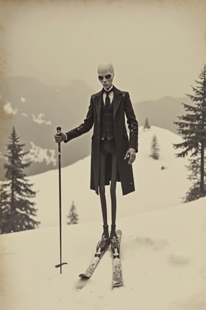 long shot, a realistic, detailed, photograph portrait, b&w black and white sepia photo, the evil slenderman is on skis on a snowy hill in the alps. snow is falling from the sky. the atmosphere is eerie and strange.