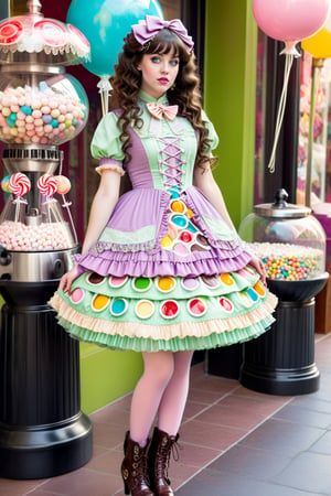 full body shot, beautiful young woman with vivid extra long curly hair and bangs, light green eyes, perfect pale skin and serene expression on her face is wering a high fashion elaborate sweet lolita outfit, cute stockings, cute high heeled boots, she has perfect manicured hands the detailed background behind the girl is an elaborite rococo style candy store inspired by willie wonka with big colorful lolipops, cotton candy, chocolate fountain, marshmellows, bubble gums, multi colored hard candies in glass canisters, full body shot 