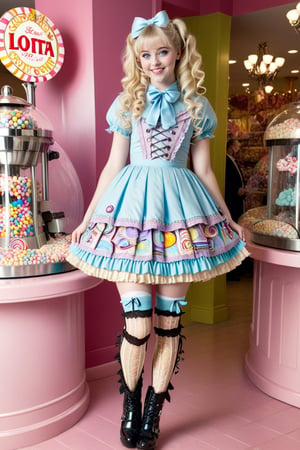 full body shot, beautiful happy young 17-year old girl model with light blonde  extra long curly hair in 2 big pony tails and bangs, light blue eyes, perfect pale skin and cute closed mouth smile on her face is wearing a high fashion elaborate sweet lolita outfit, cute stockings, cute high heeled boots, and she has perfect manicured hands. the detailed background behind the girl is an elaborate upper class cluttered style candy store inspired by willie wonka with many different types of candies and confections surrounding the girl including big colorful lolipops, cotton candy, chocolate fountain, marshmellows, bubble gums, multi colored hard candies in glass canisters, full body shot 