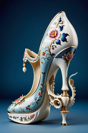 digital art, 8k, picture of a high heel woman's shoe, the woman's shoe is made out of bone china decorated in the style of a ming vase, whimsical, side view of shoe beautiful, highly detailed, whimsical, fantasy, ,more detail XL