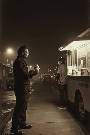 realistic, detailed, photograph, b&w black and white sepia photo of michael myers buying ice cream from an ice cream truck at night. the atmosphere is eerie and strange.