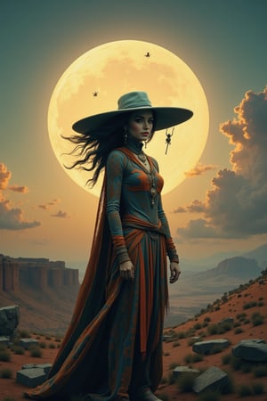 Create an alien female gypsy with an ornate landscape