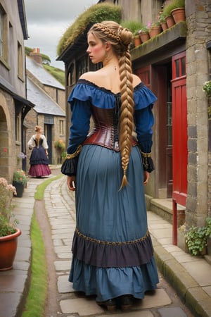 extreme long shot full body shot, rear view. by john william waterhouse, pre-raphaelite, a beautiful pre-raphaelite victorian, tall young woman on a street in clovelly old fishing village Devon England she has long blonde hair in elaborate braids and buns. she wears an elaborate victorian outfit, long earrings, elaborate necklace, corset, long skirt, jacket, victorian black boots. john william waterhouse, pre-raphaelite, perfect female anatomy.