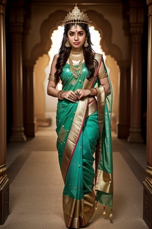 full body shot, beautiful female goddess Lakshmi, ice green eyes, Hindu goddess of prosperity and wealth, rich, wealthy goddess, elaborate indian female saree and dupatta in colors of red and gold, she is wearing elaborate gold necklaces earrings and bangles on her arms, gold nose ring, serene expression, Lakshmi is surrounded by lotus flowers, she is glowing, illuminated, a holy goddess, with an elaborate gold crown, detailed background of the heavens, clouds stars, ,Detailedface,1girl,Masterpiece,Saree, full body,realhands,Indian,1 girl,Indian Designer Dress,more detail XL,fashion_girl,SD 1.5,REALISTIC,photo of perfecteyes eyes