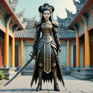 full body shot long shot of Lady Triệu, a vietnamese woman warrior. a fusion of elaborate rococo, ancient vietnam, vietnamese gothic punk. she has black hair in elaborate braids and buns. she has round large big copper eyes. she is vietnamese. she wears an elaborate ancient vietnamese female warrior outfit. she stands outside of an ancient vietnamese palace dynamic shot holding a sword above her head outside a traditional vietnamese palace. perfect female anatomy, goth person, pastel goth, dal, Gaelic Pattern Style, full body shot, long shot, Triệu Thị Trinh