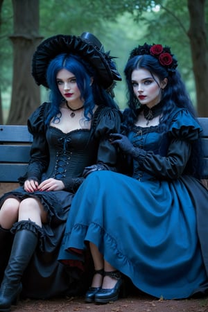 cowboy shot, vampire female couple, two women lovers gothic, sitting side by side on a bench, they are both very sad and crying. tears streaming down their faces. one vampire woman has long curly blue hair, blue elaborate gothic lolita outfit and the other vampire woman has long curly black hair in a black elaborate lolita gothic outfit. they are crying and parting ways, horror, dark romantism, raw concept art, masterpiece illustration