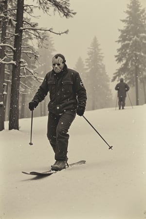 long shot, a realistic, detailed, photograph portrait, b&w black and white sepia photo, scary jason voorhees is on skis skiing down a snowy hill in the alps. snow is falling from the sky. the atmosphere is eerie and strange.