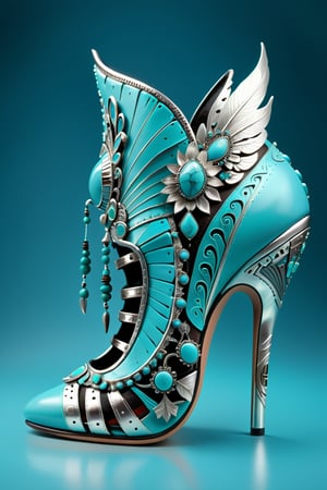 digital art, 8k, picture of a high heel woman's shoe, the shoe is made out of turquoise and silver, native american, whimsical, side view of shoe beautiful, highly detailed, whimsical, fantasy, ,more detail XL