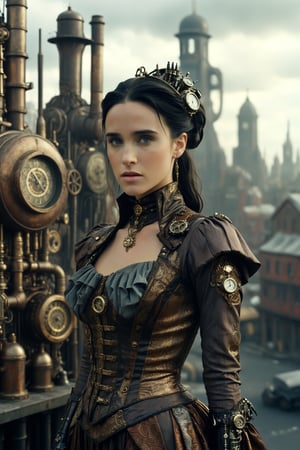 medium shot of 1girl, a beautiful 20 year old Jennifer Connelly. she is dressed in an elaborate steampunk outfit. behind her is a steampunk cityscape.
