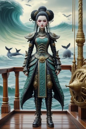 full body shot long shot of Lady Triệu, a vietnamese woman warrior. a fusion of elaborate rococo, ancient vietnam, vietnamese gothic punk. she has black hair in elaborate braids and buns. she has round large big copper eyes. she is vietnamese. she wears an elaborate ancient vietnamese female warrior outfit. she stands on the deck of her ship watching an orca in the rough seas. perfect female anatomy, goth person, pastel goth, dal, Gaelic Pattern Style, full body shot, long shot, Triệu Thị Trinh