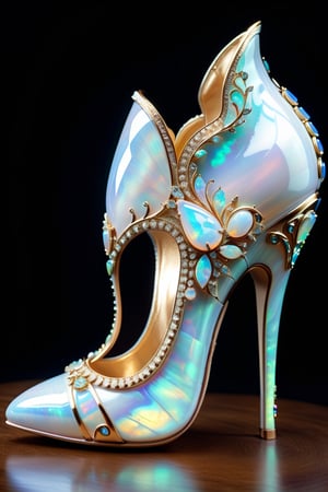 digital art, 8k, picture of a high heel woman's shoe, the shoe is made out of an opal, opalescent, extravagant, whimsical, side view of shoe beautiful, highly detailed, whimsical, fantasy, ,more detail XL