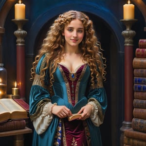 full body portrait, of a beautiful pre-raphaelite woman smiling, she has blonde curly long hair and she wears an elaborate floor-length pre-raphaelite silk and velvet embroidered victorian gown. the detailed background shows a witch lair with ancient leather books, bottles of colored potions, magical items, lit candles. her hands are down at her sides. john william waterhouse, pre-raphaelite, perfect female anatomy. hands down at her sides.