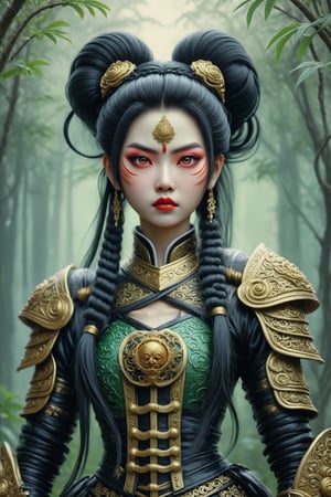 3/4 shot of Lady Triệu, a fierce vietnamese woman warrior. a fusion of elaborate rococo, ancient vietnam, vietnamese gothic punk. she has black hair in elaborate braids and buns. she has round large big copper eyes. she is vietnamese. she wears an elaborate ancient vietnamese female warrior outfit. she stands in an action pose with a sword outside in a vietnamese forest. perfect female anatomy, goth person, pastel goth, dal, Gaelic Pattern Style, 3/4 shot Triệu Thị Trinh